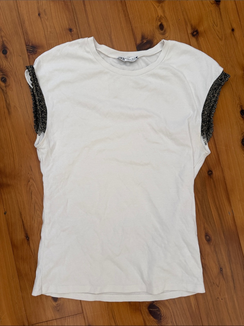 Zara White Tank Top with Metallic Black Sleeve Trim